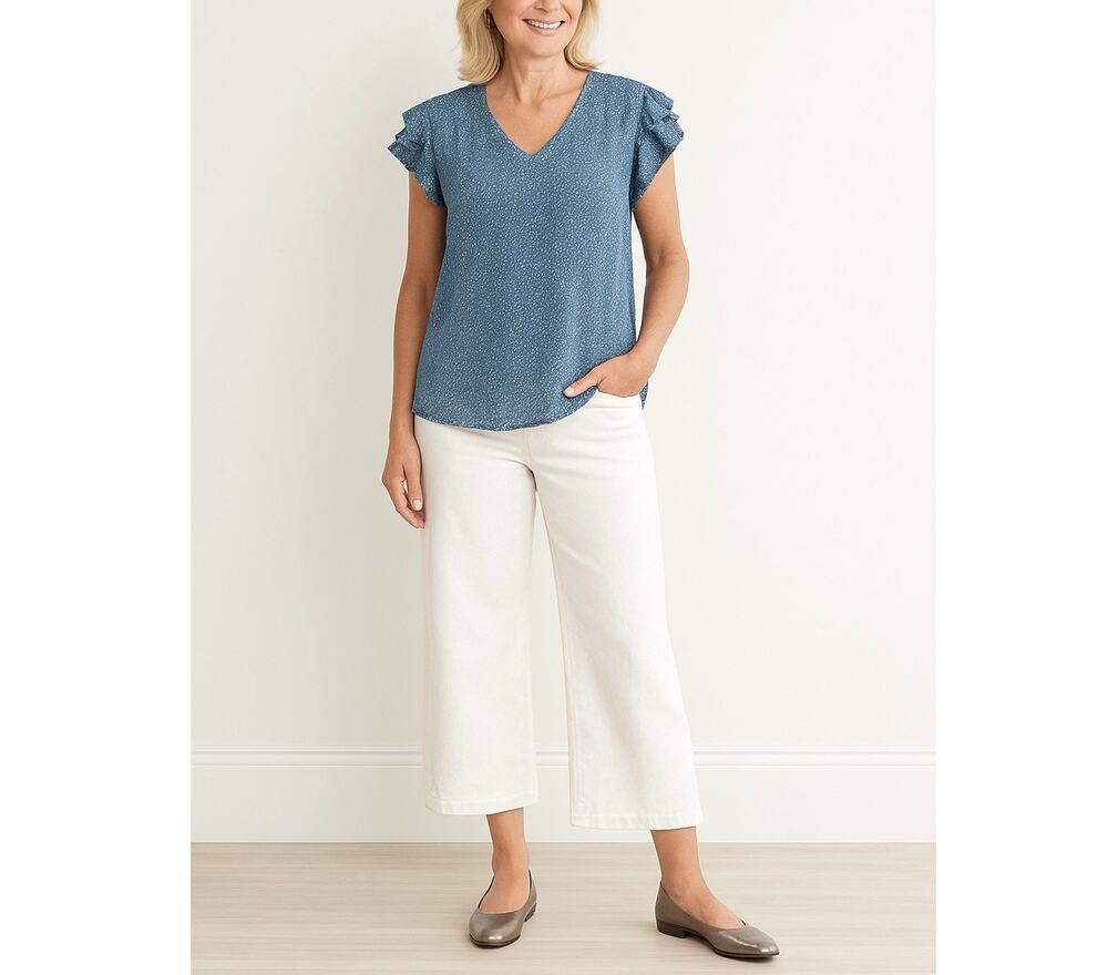 Adrianna Papell Double Flutter Short Sleeve Blouse Top Blue White Womens XL New